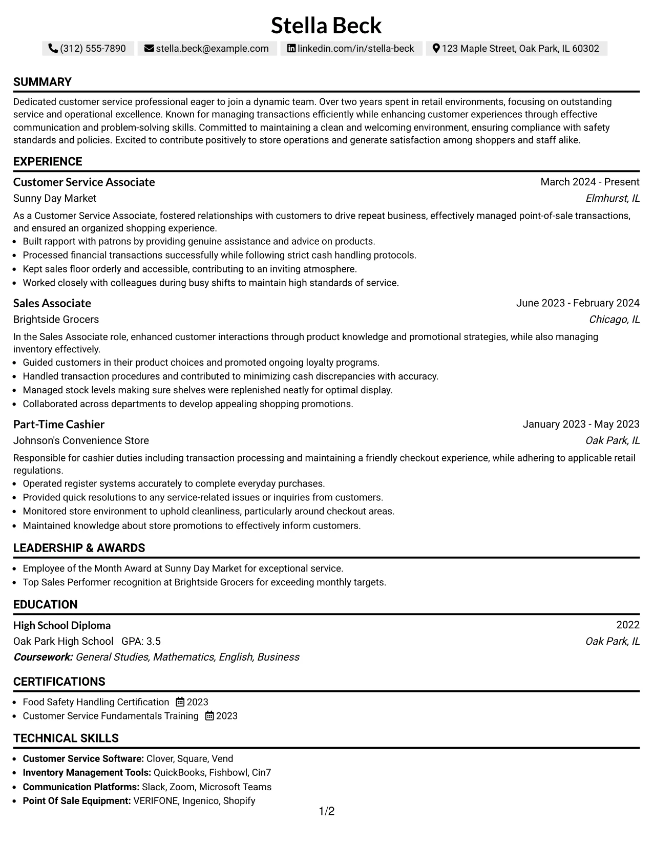 Resume Example Page 1