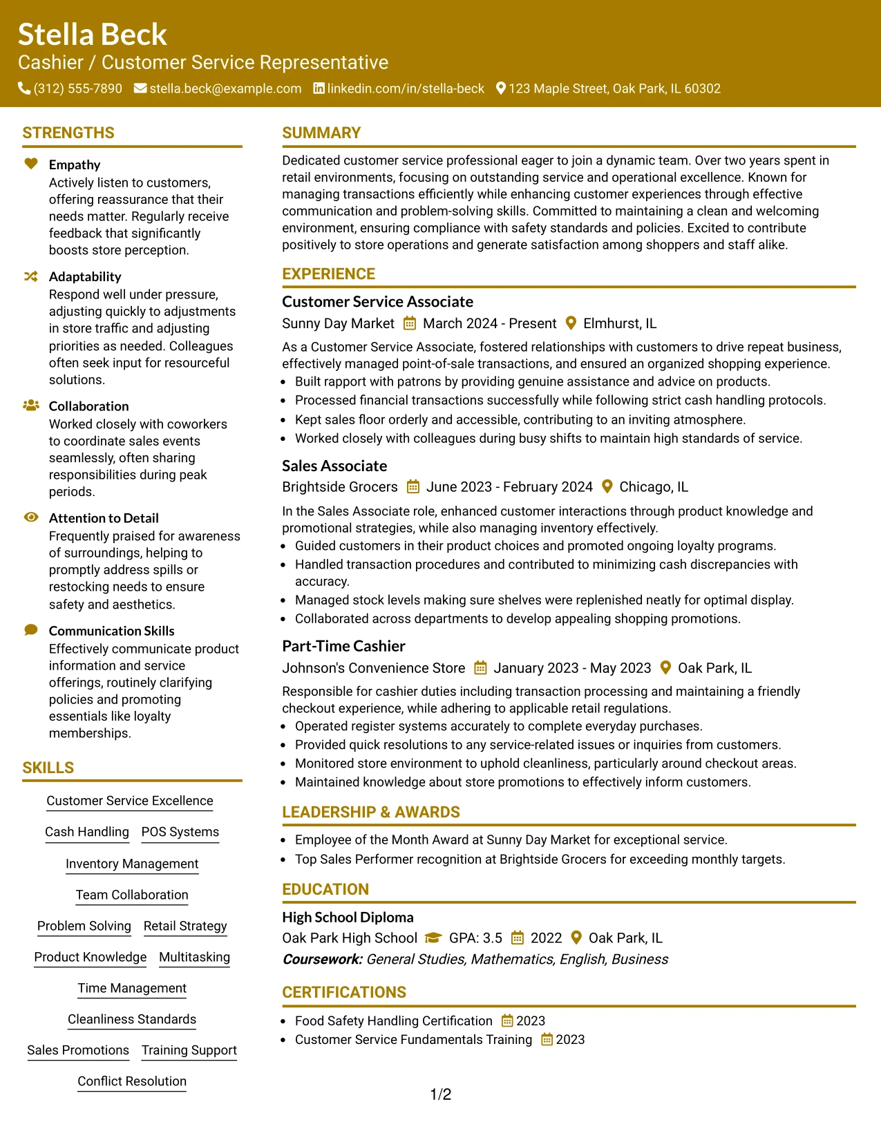 Resume Example Page 1