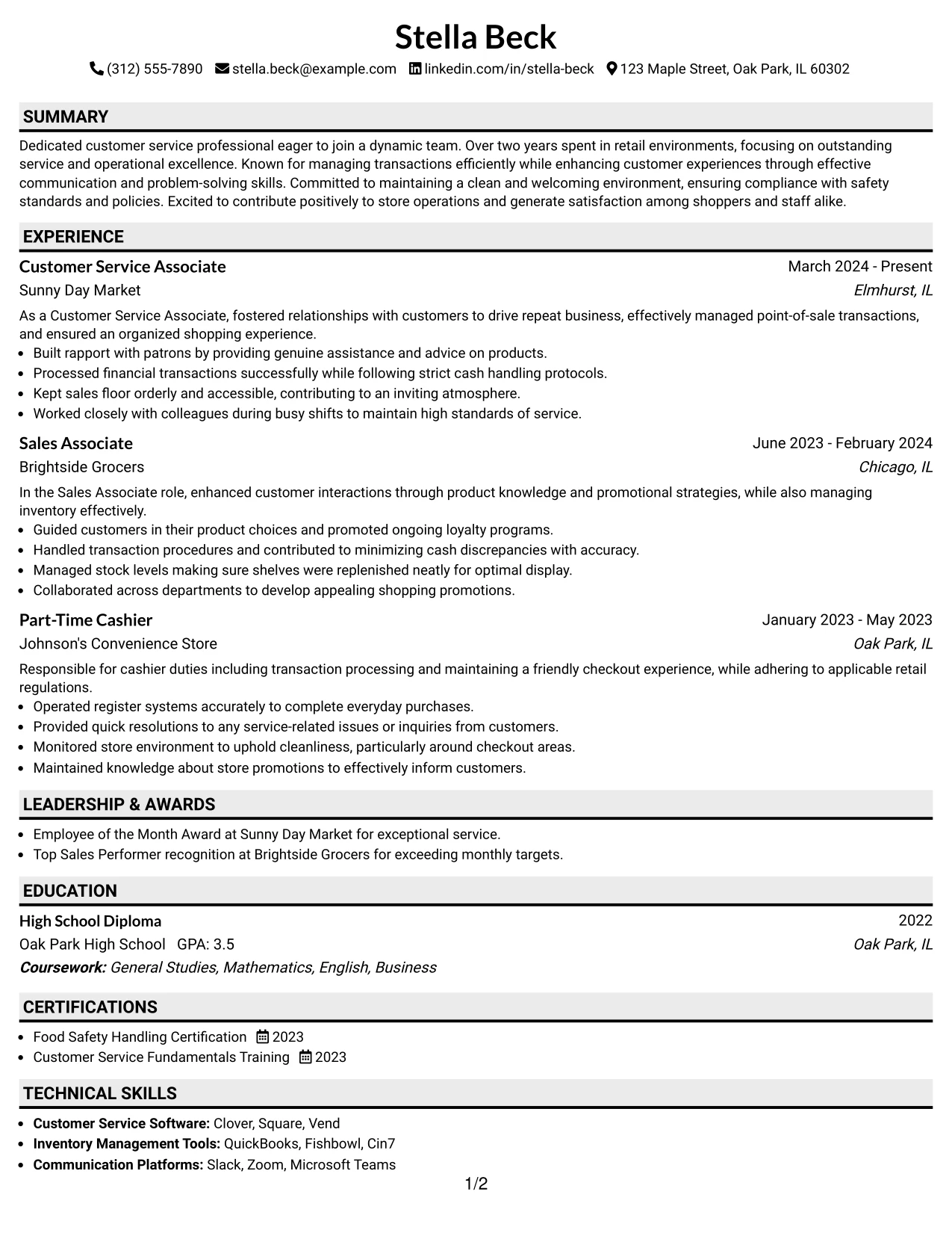 Resume Example Page 1