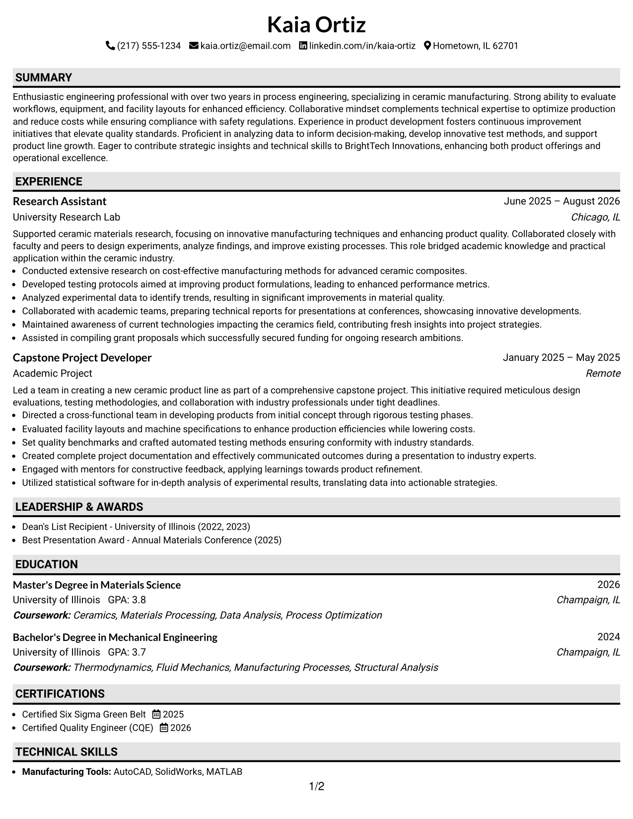 Resume Example Page 1