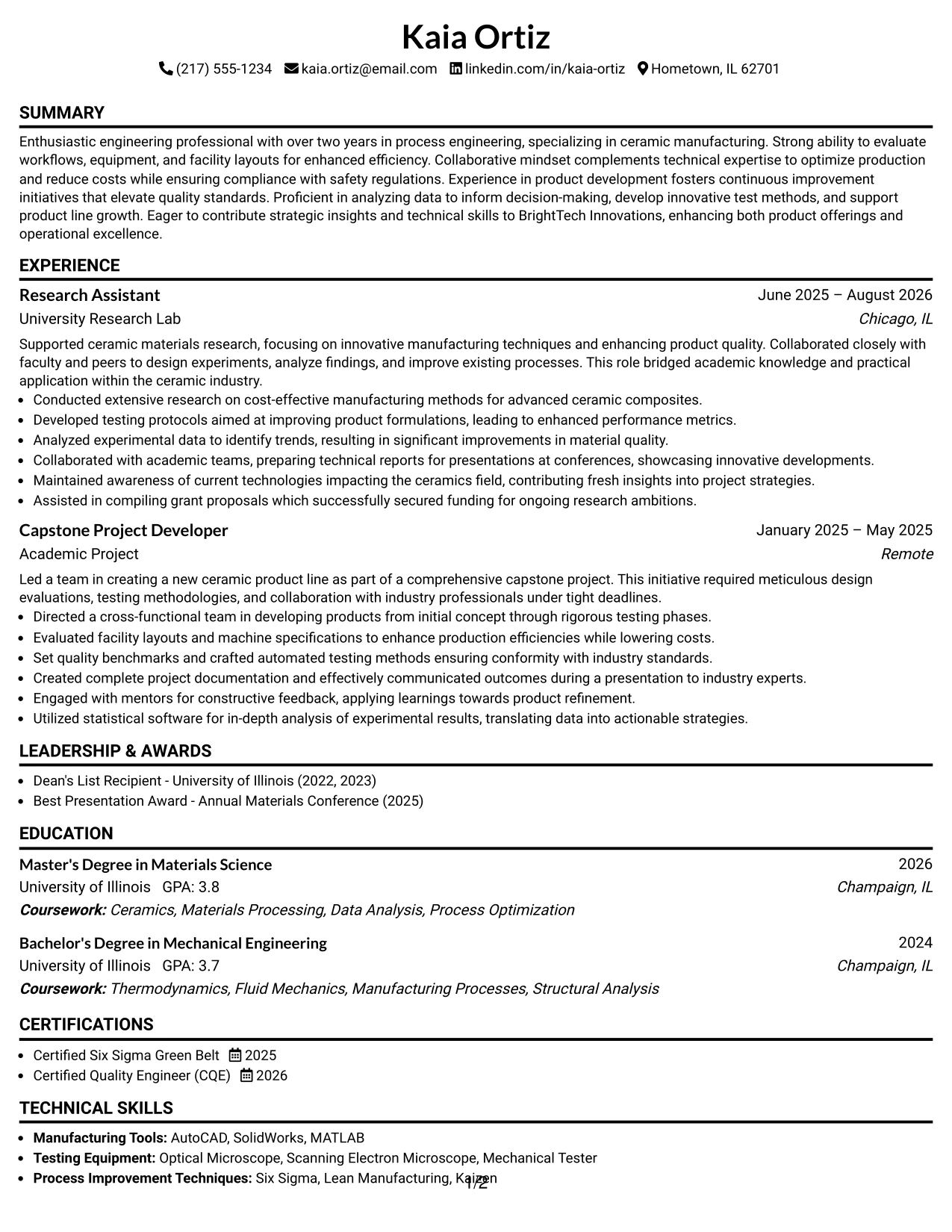 Resume Example Page 1