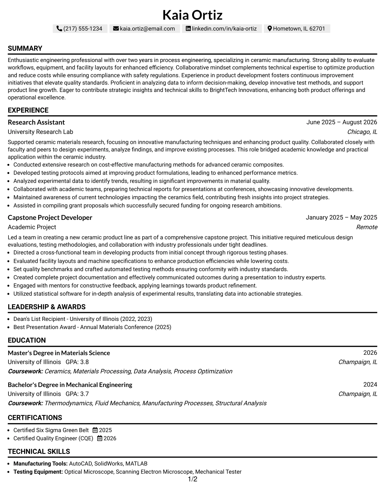 Resume Example Page 1