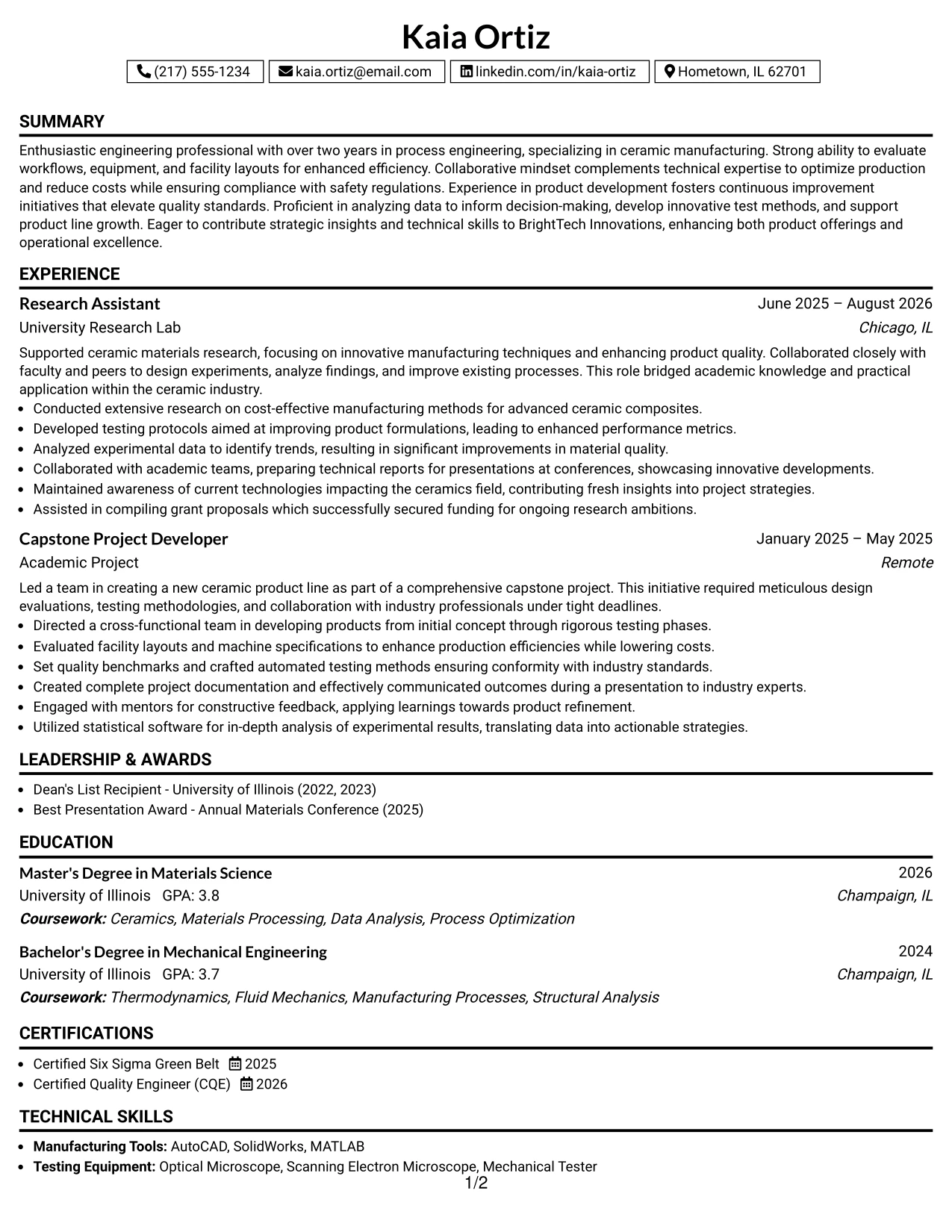 Resume Example Page 1