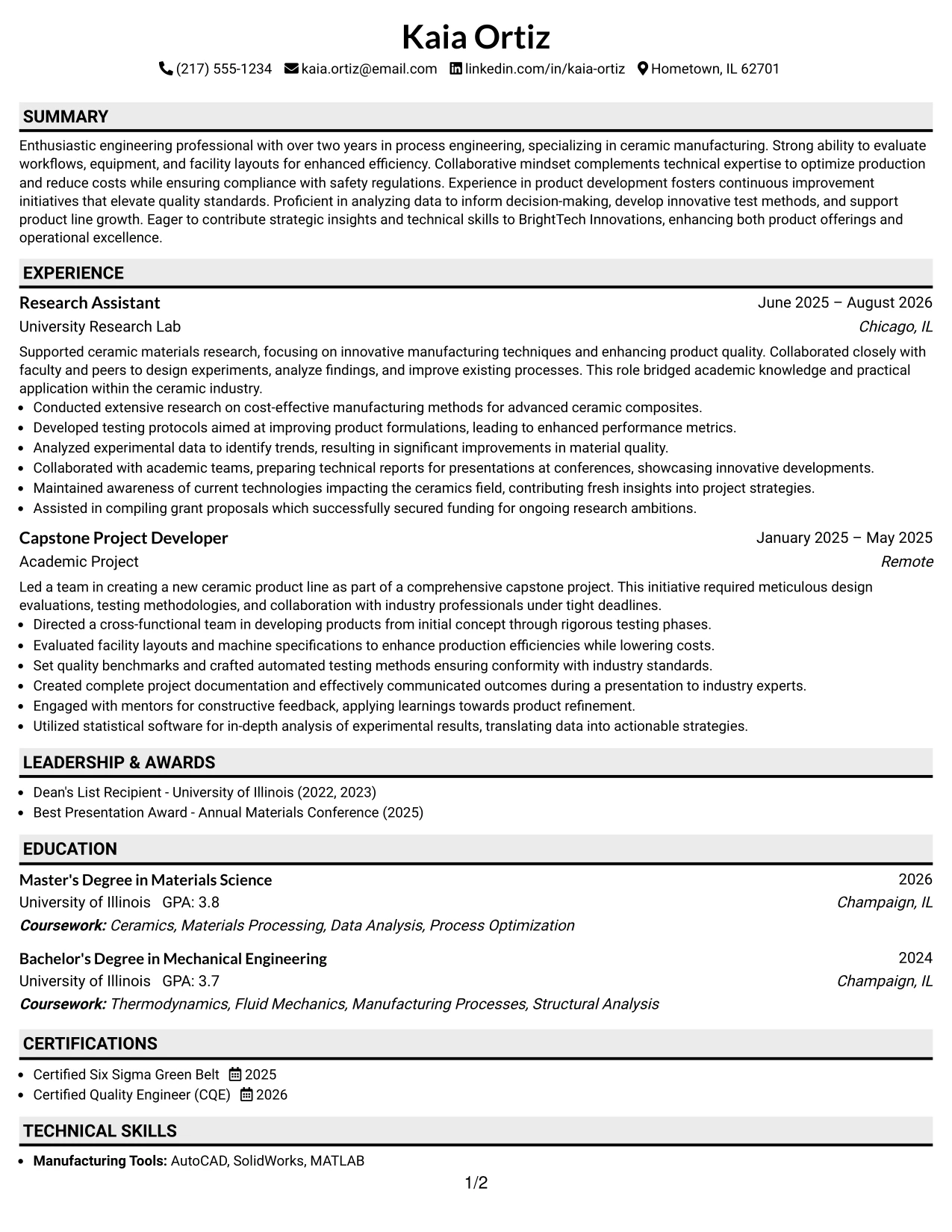 Resume Example Page 1