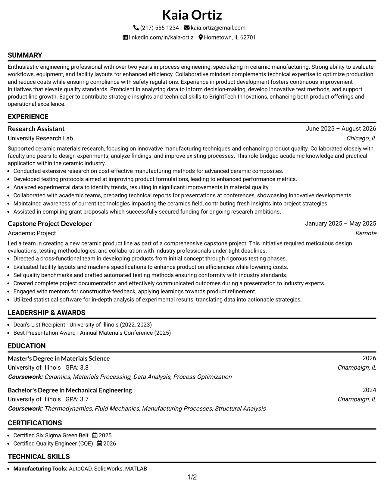 Resume Example Page 1