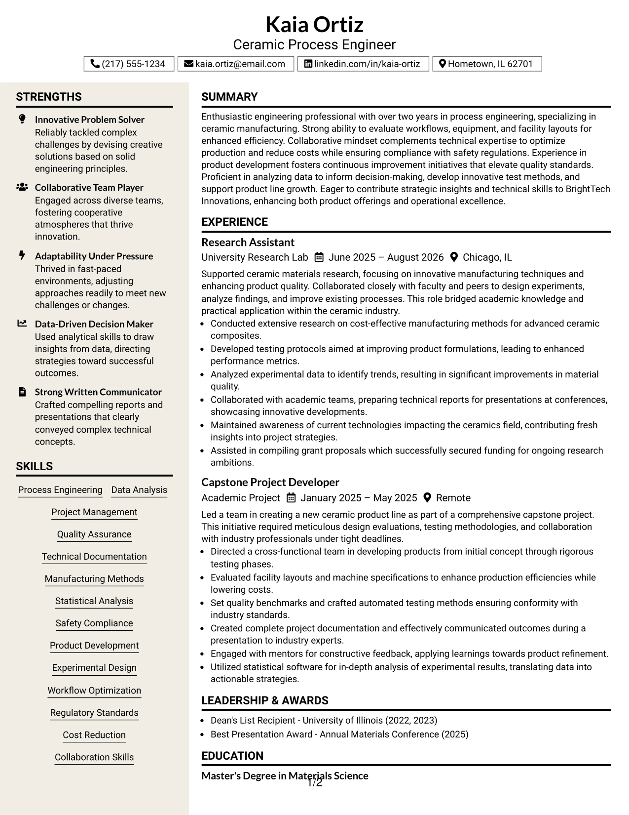Resume Example Page 1