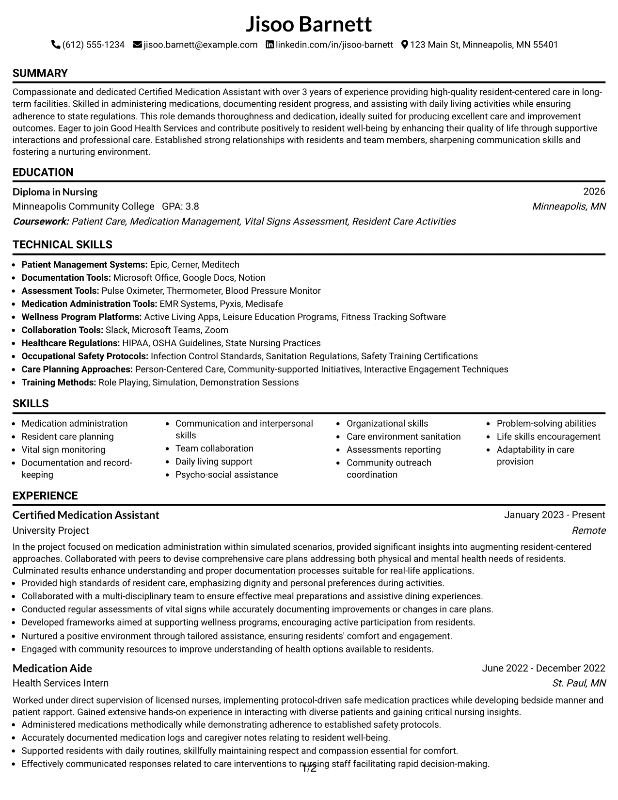 Resume Example Page 1
