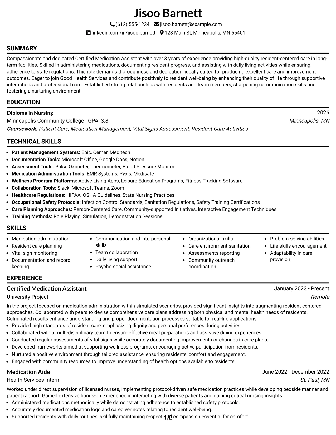 Resume Example Page 1