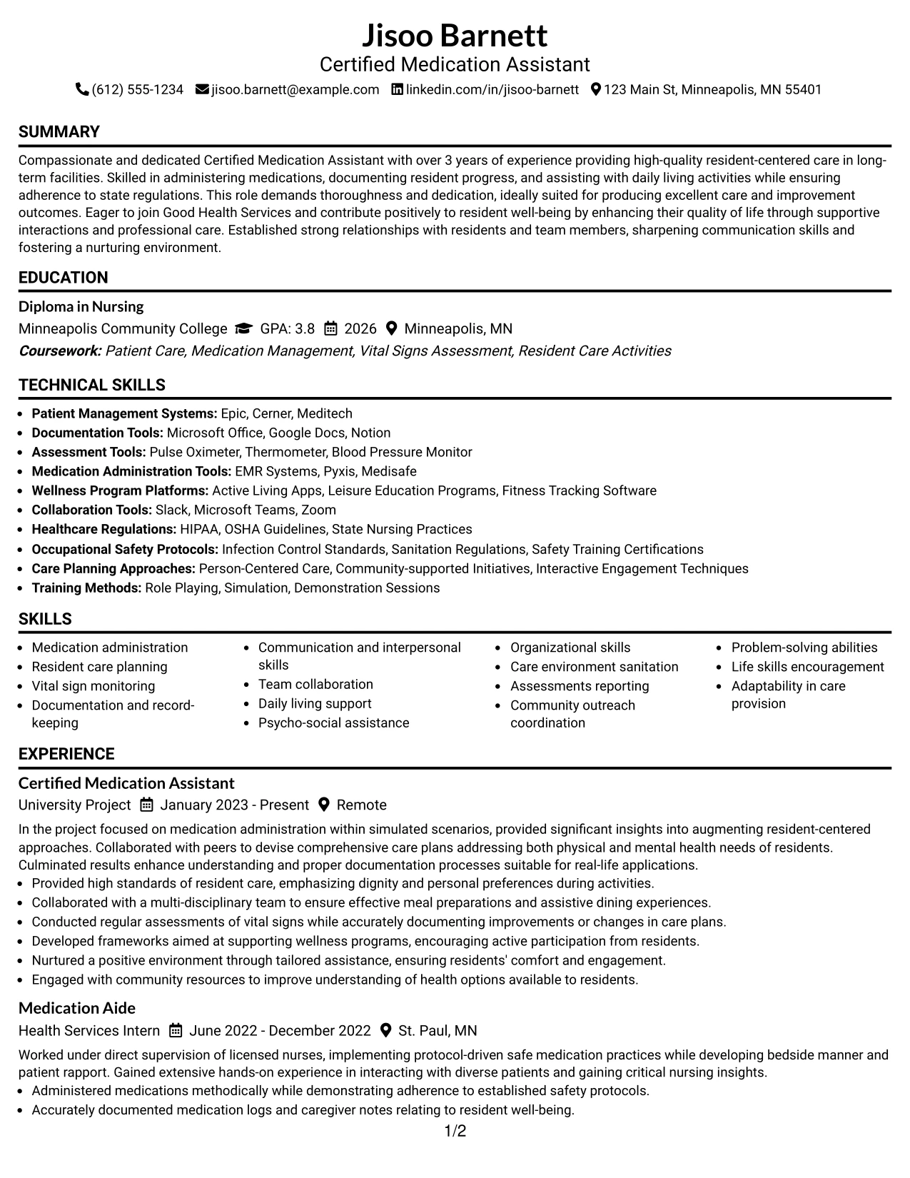 Resume Example Page 1