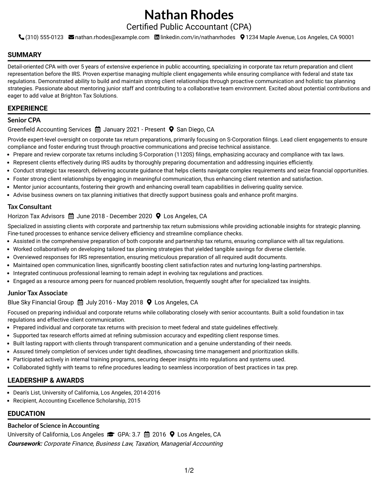 Resume Example Page 1