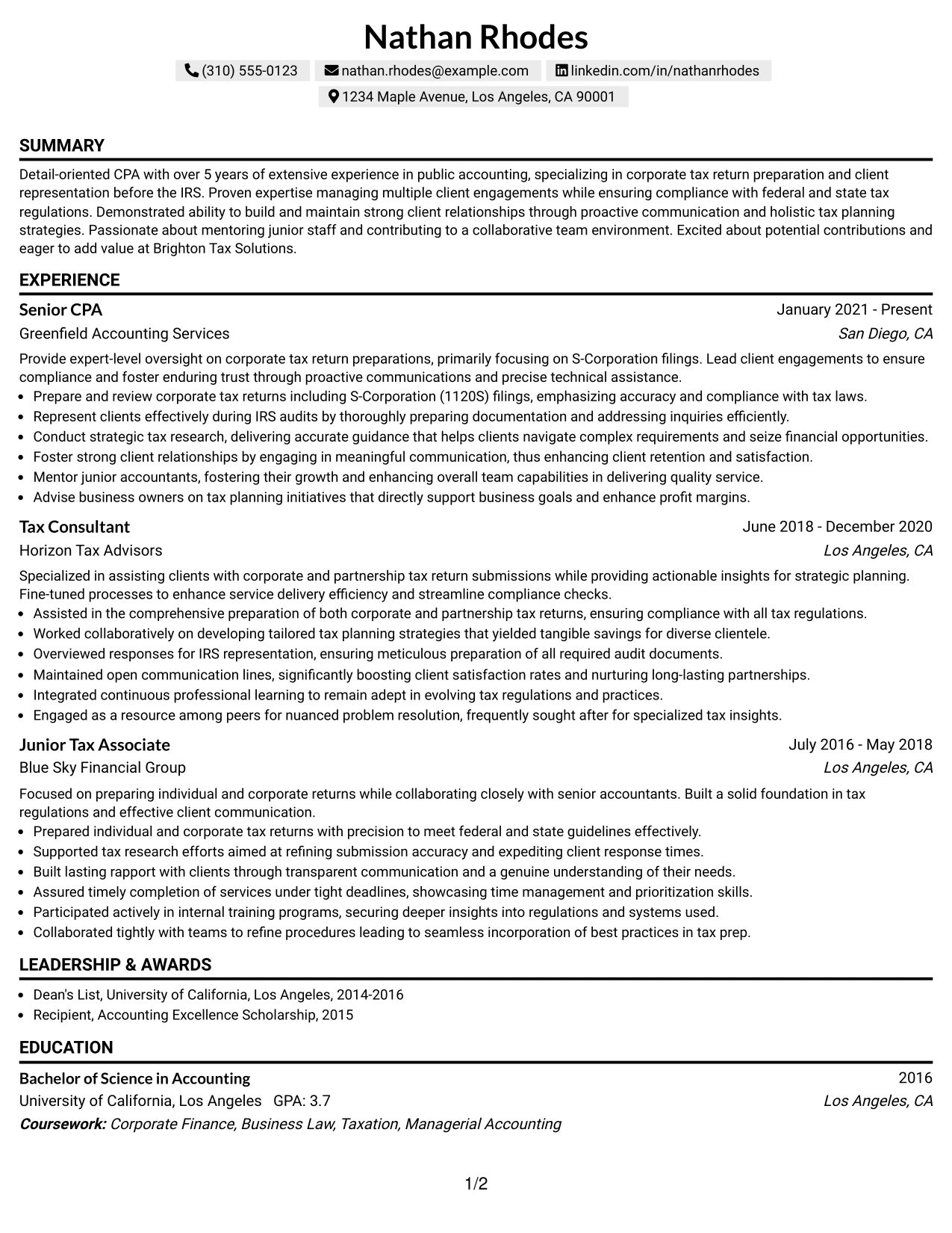 Resume Example Page 1