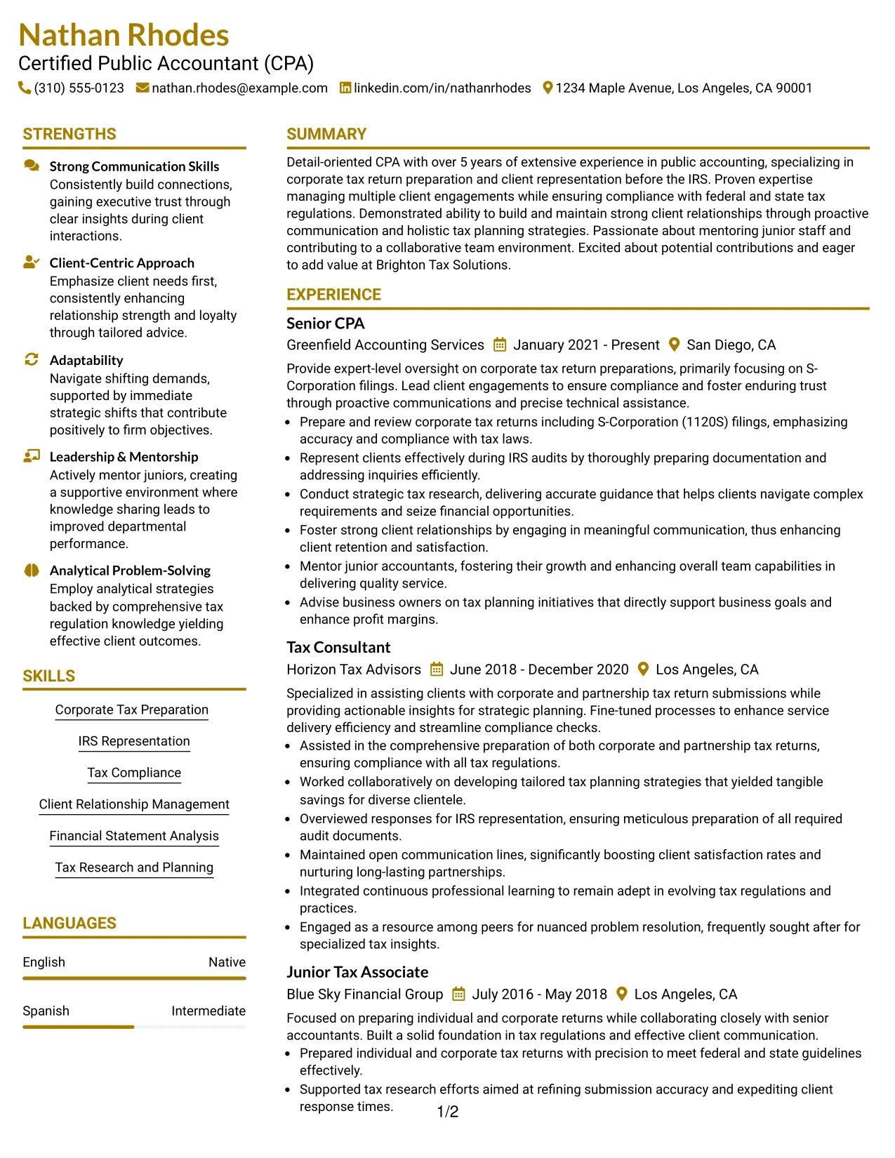 Resume Example Page 1