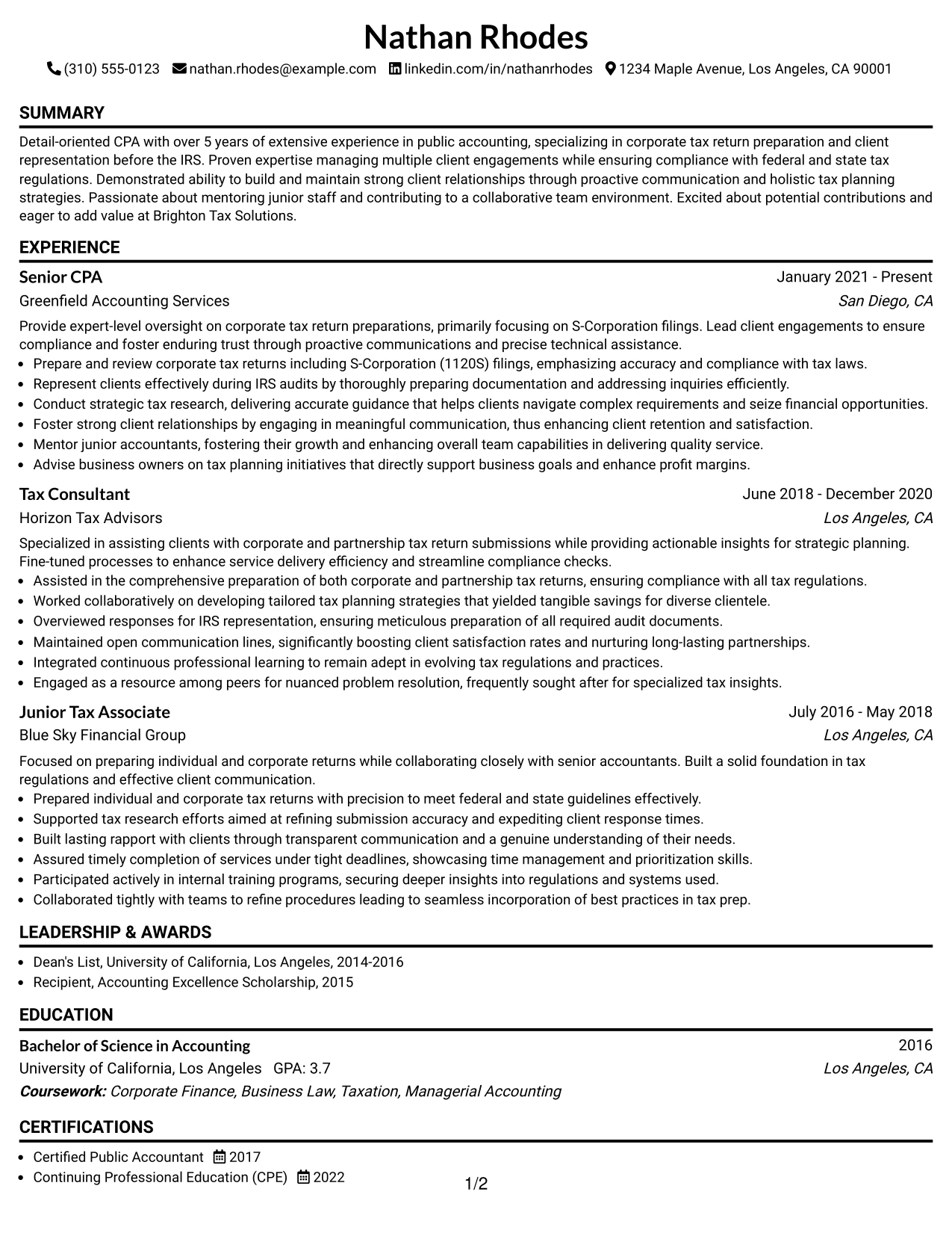 Resume Example Page 1