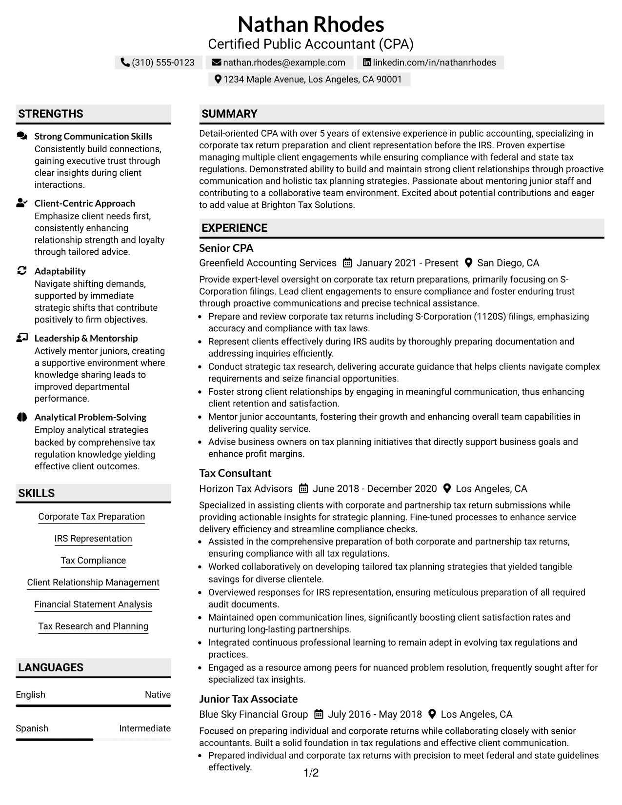 Resume Example Page 1