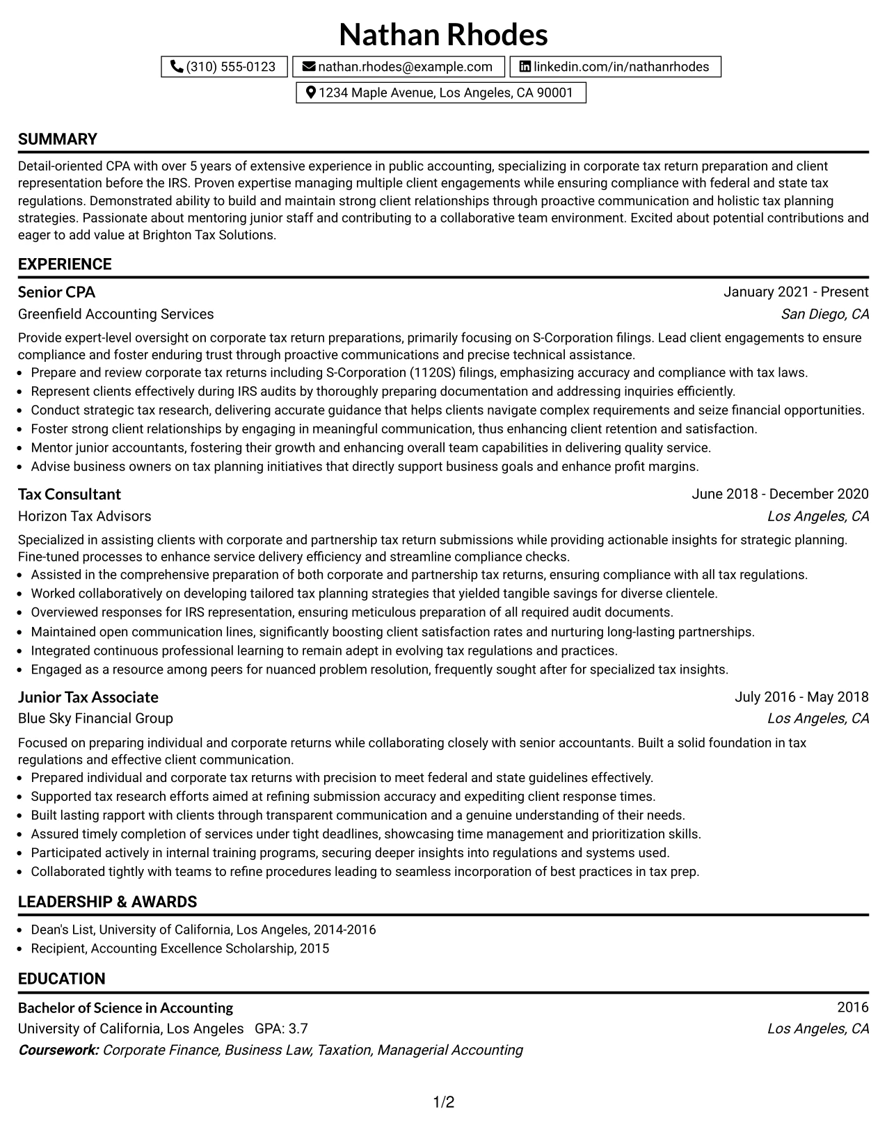 Resume Example Page 1
