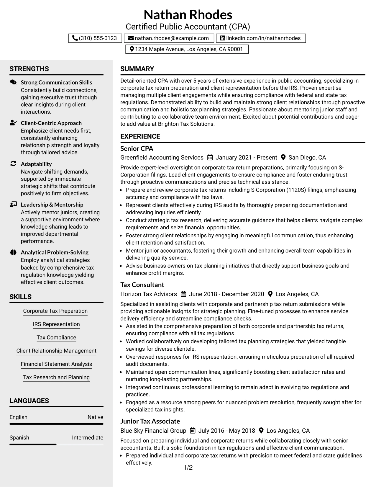 Resume Example Page 1