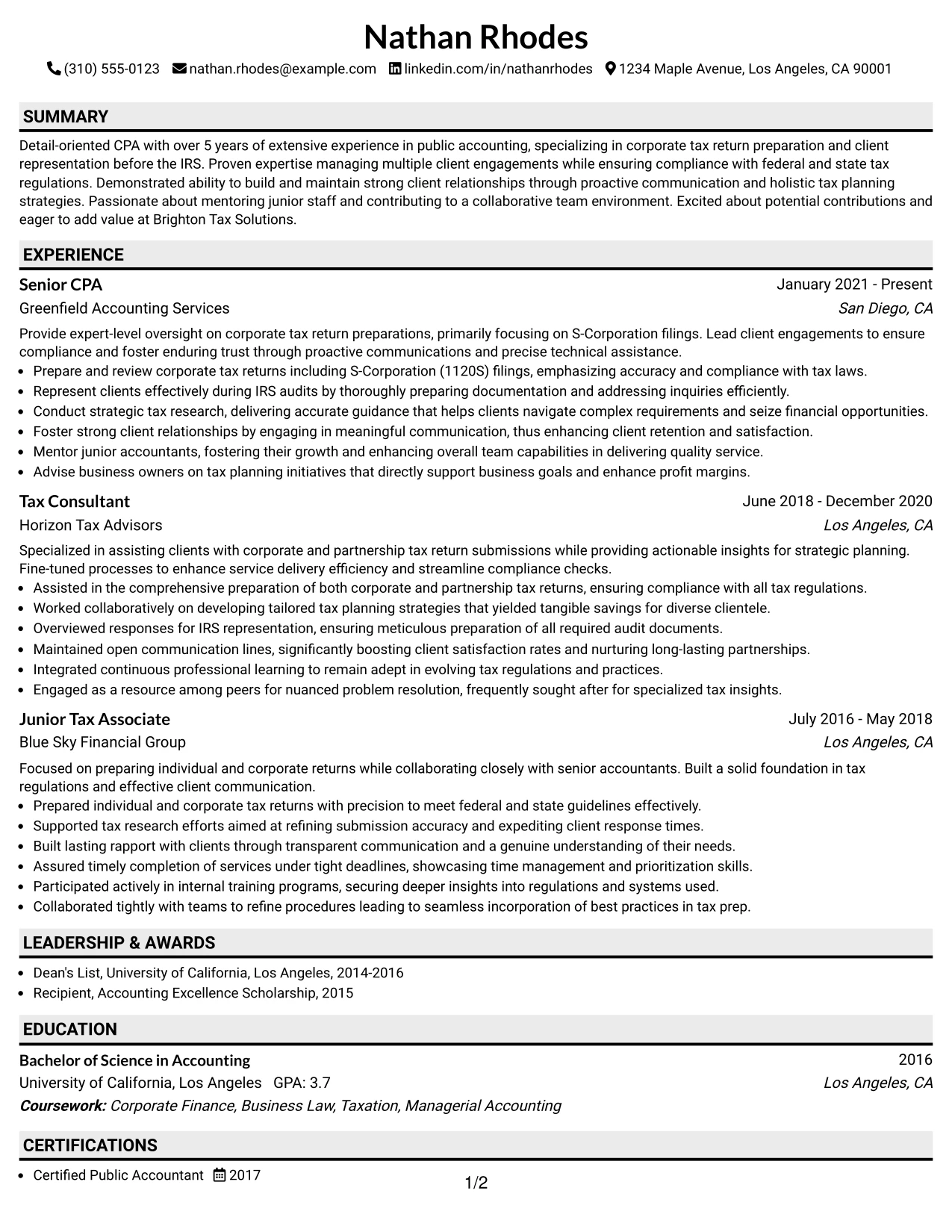 Resume Example Page 1