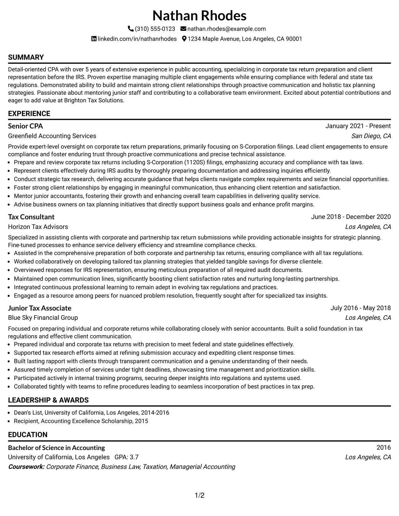 Resume Example Page 1