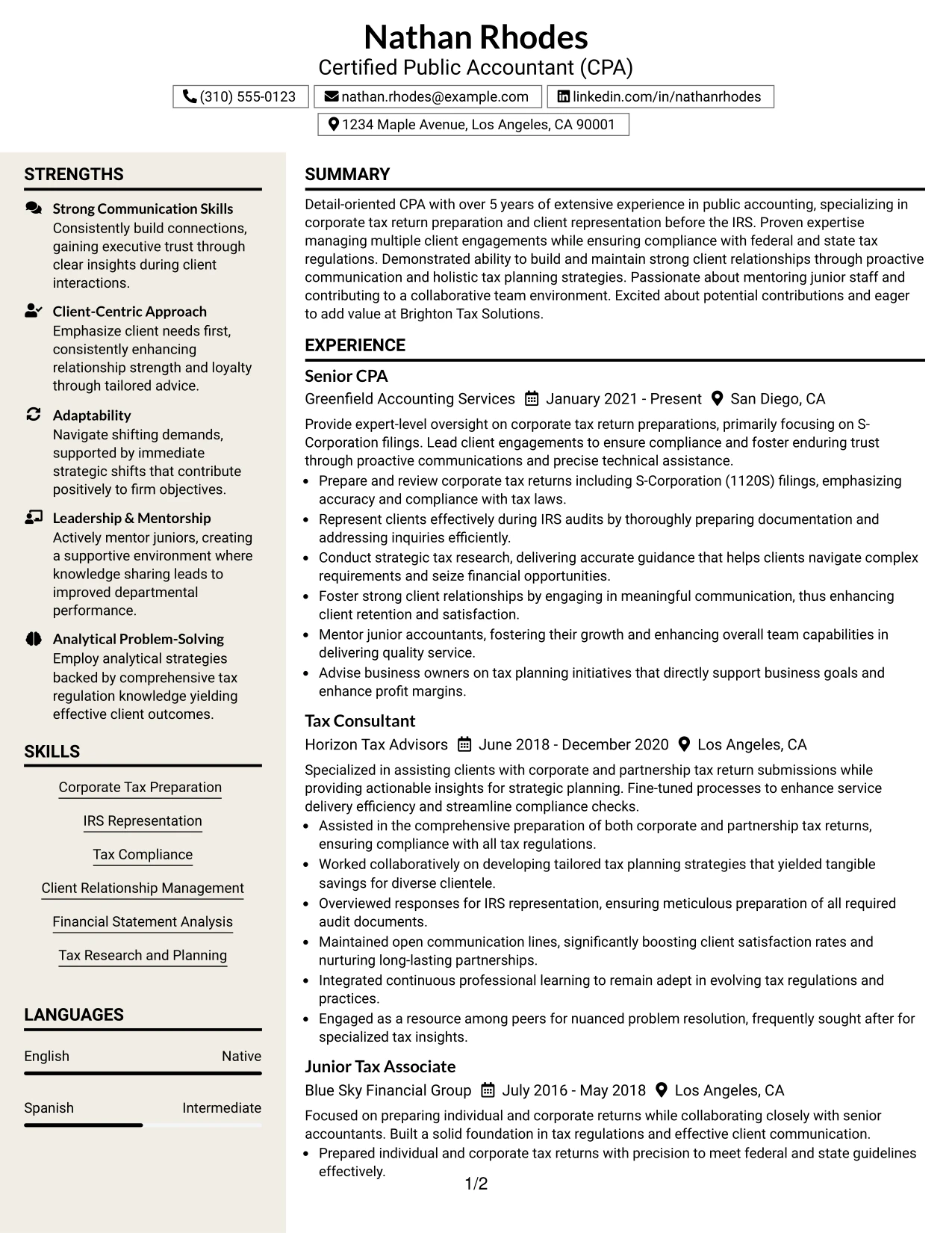 Resume Example Page 1
