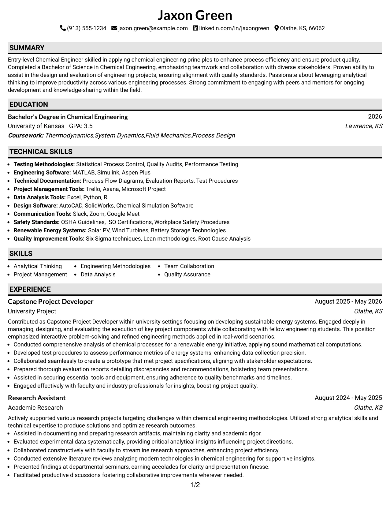 Resume Example Page 1