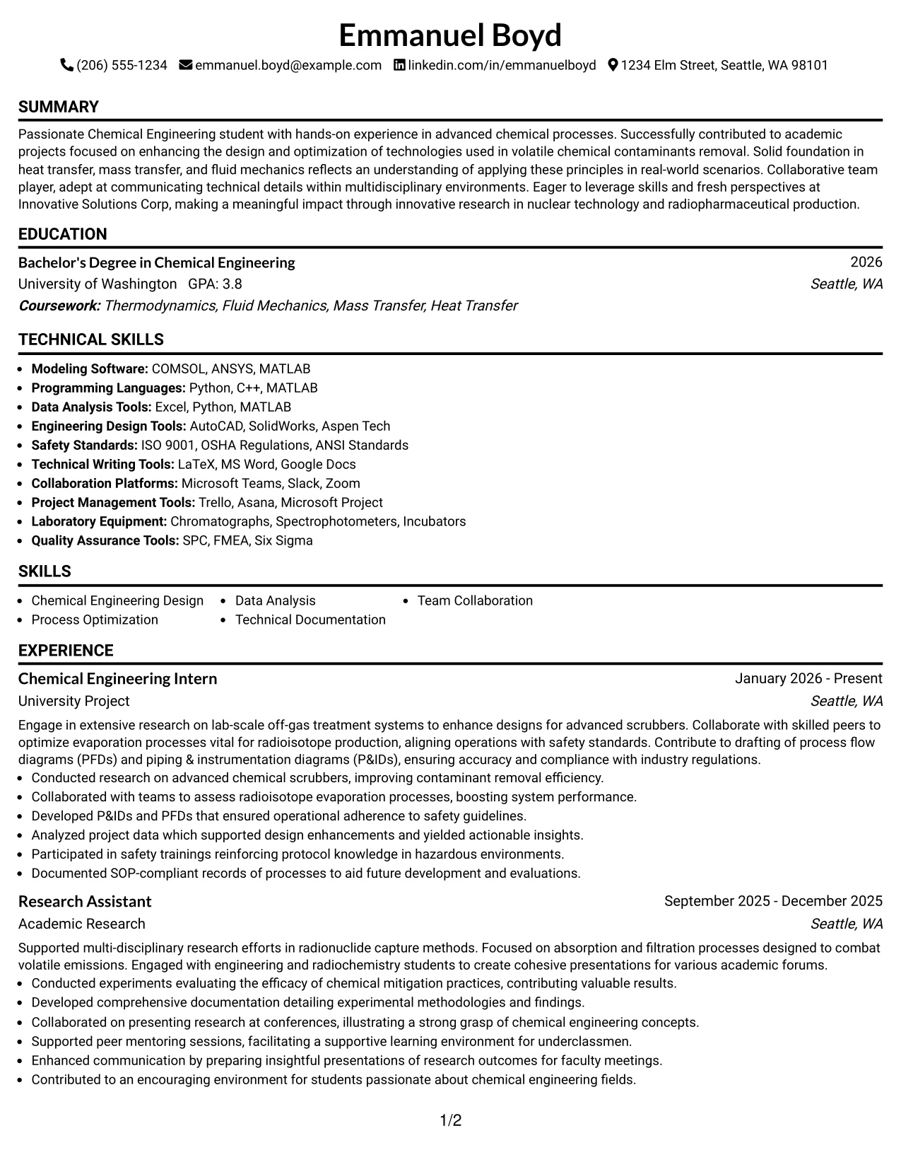 Resume Example Page 1