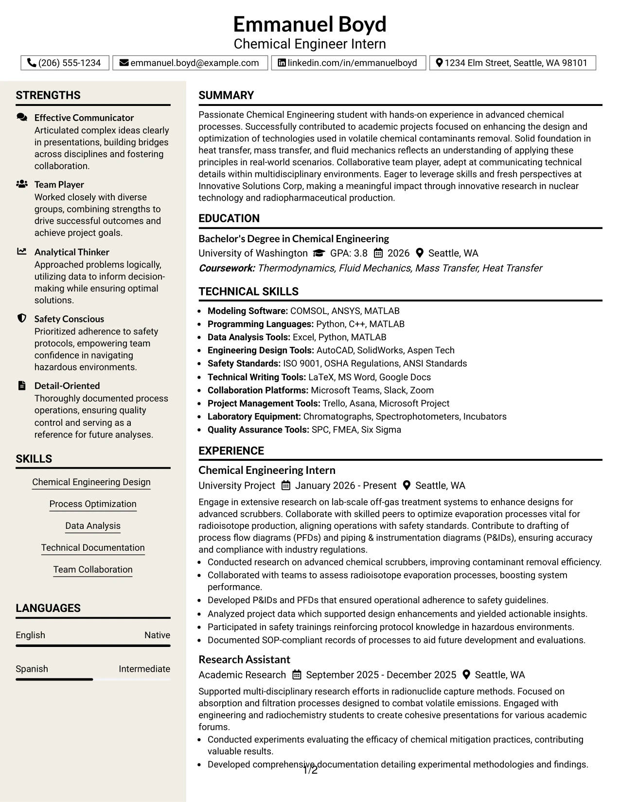 Resume Example Page 1