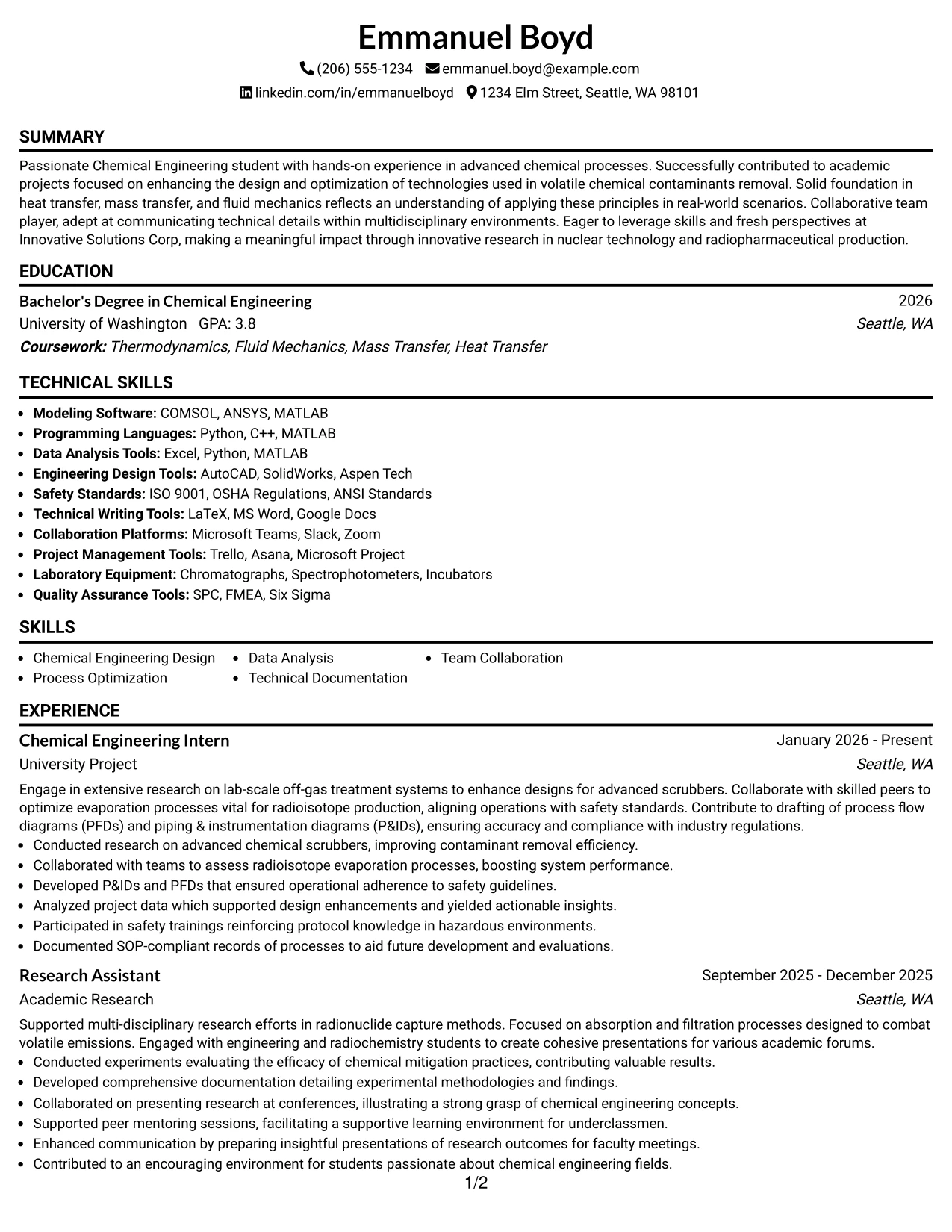 Resume Example Page 1