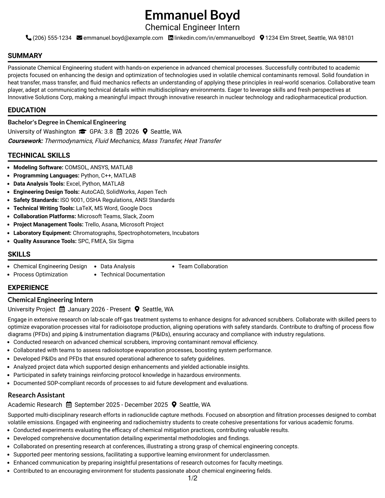 Resume Example Page 1