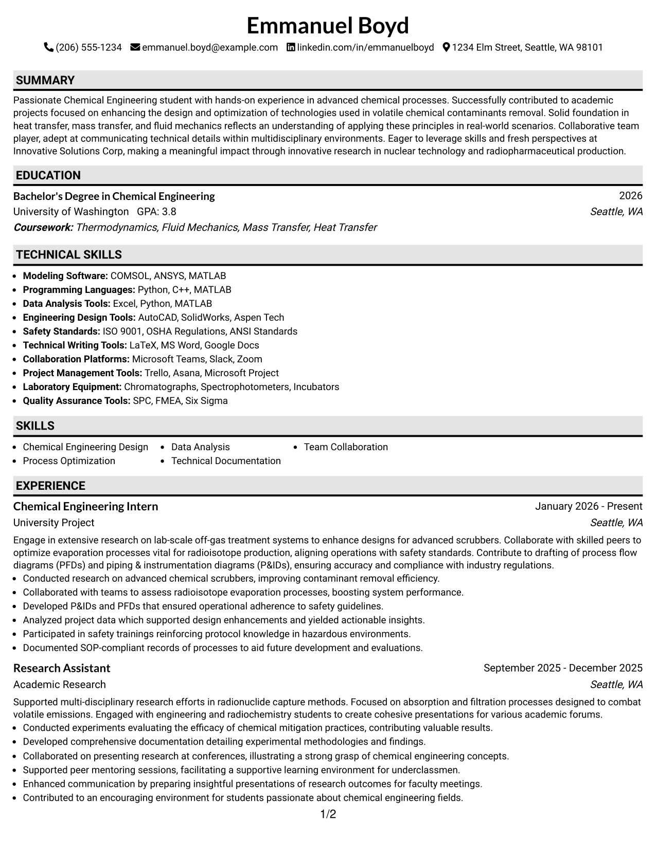 Resume Example Page 1