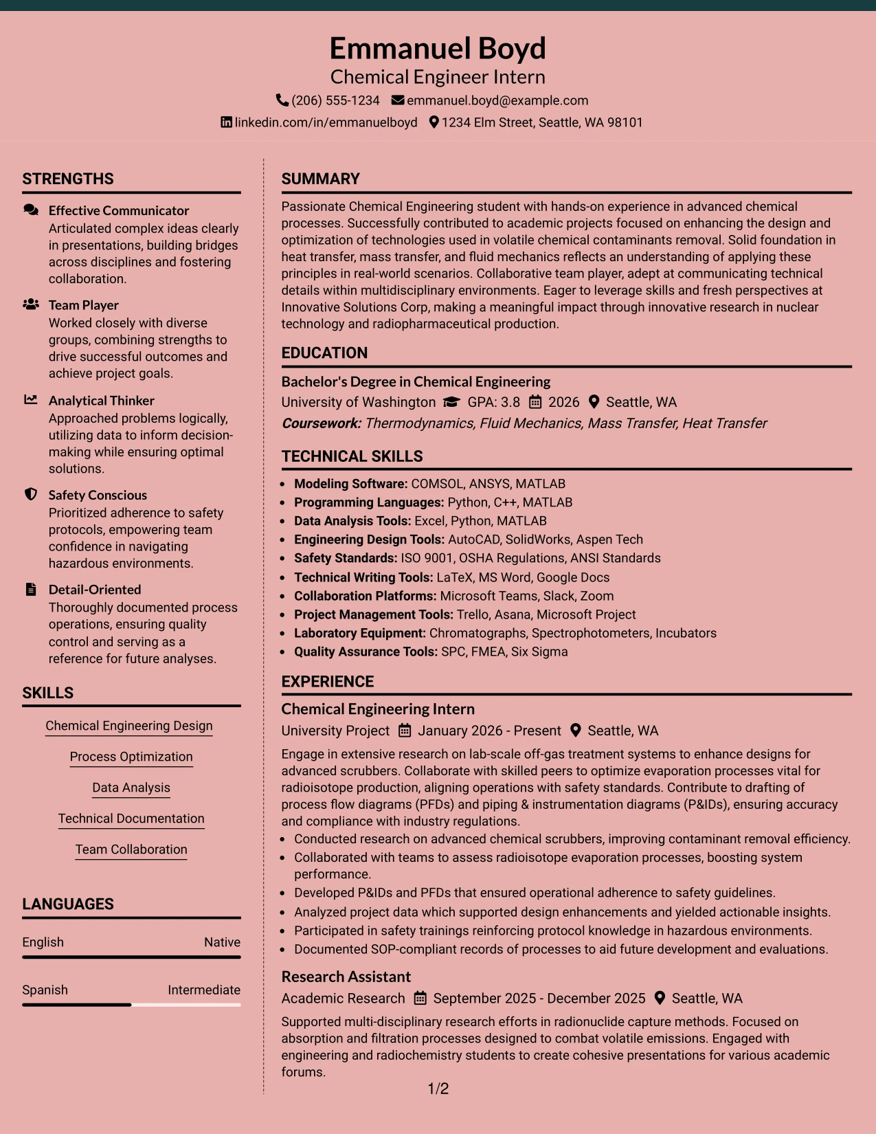 Resume Example Page 1