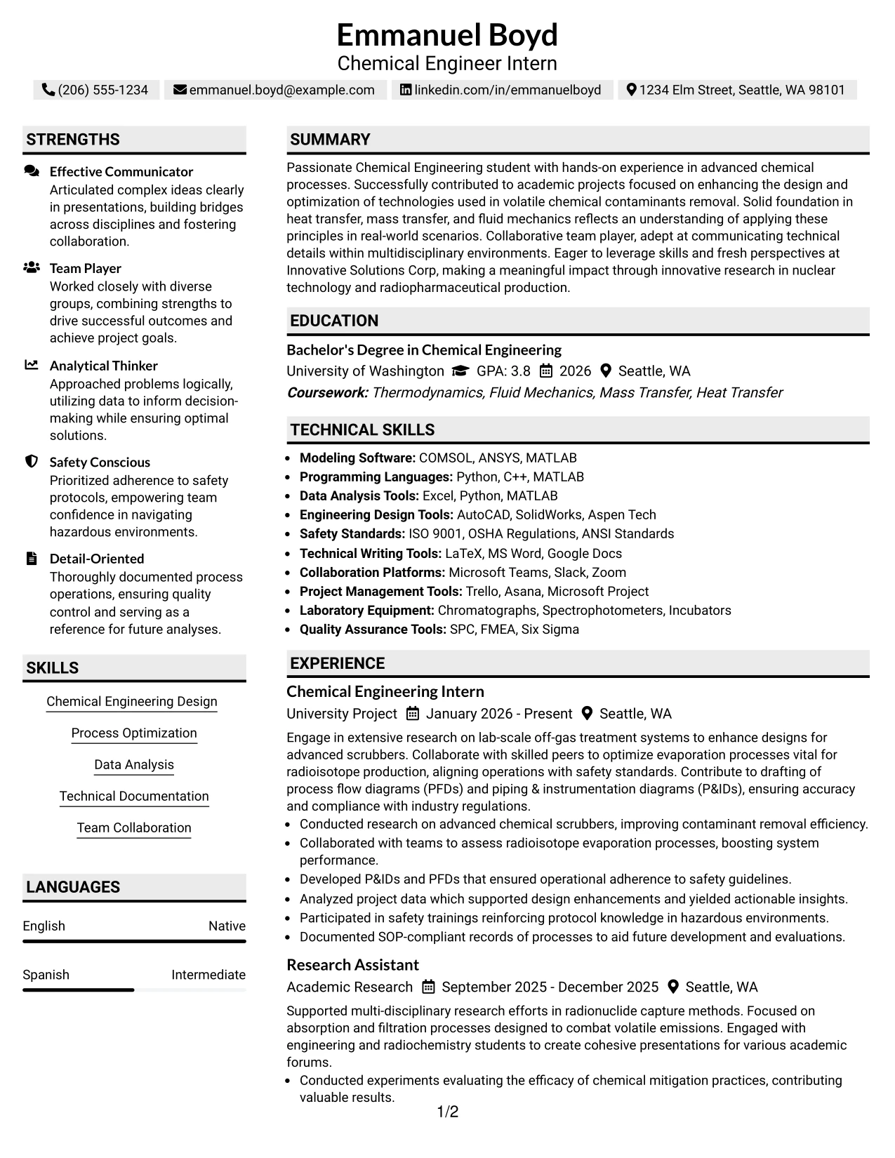 Resume Example Page 1