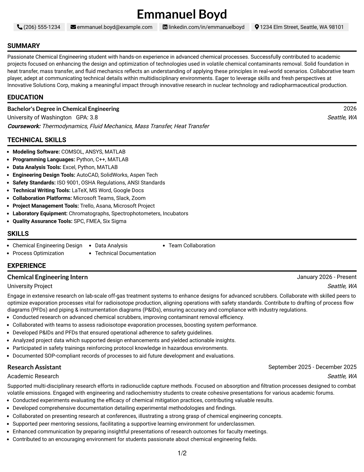 Resume Example Page 1