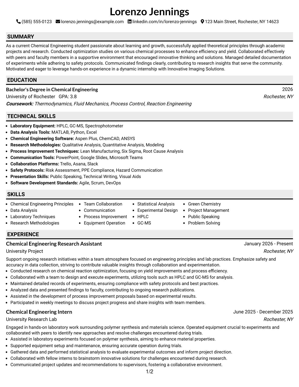 Resume Example Page 1