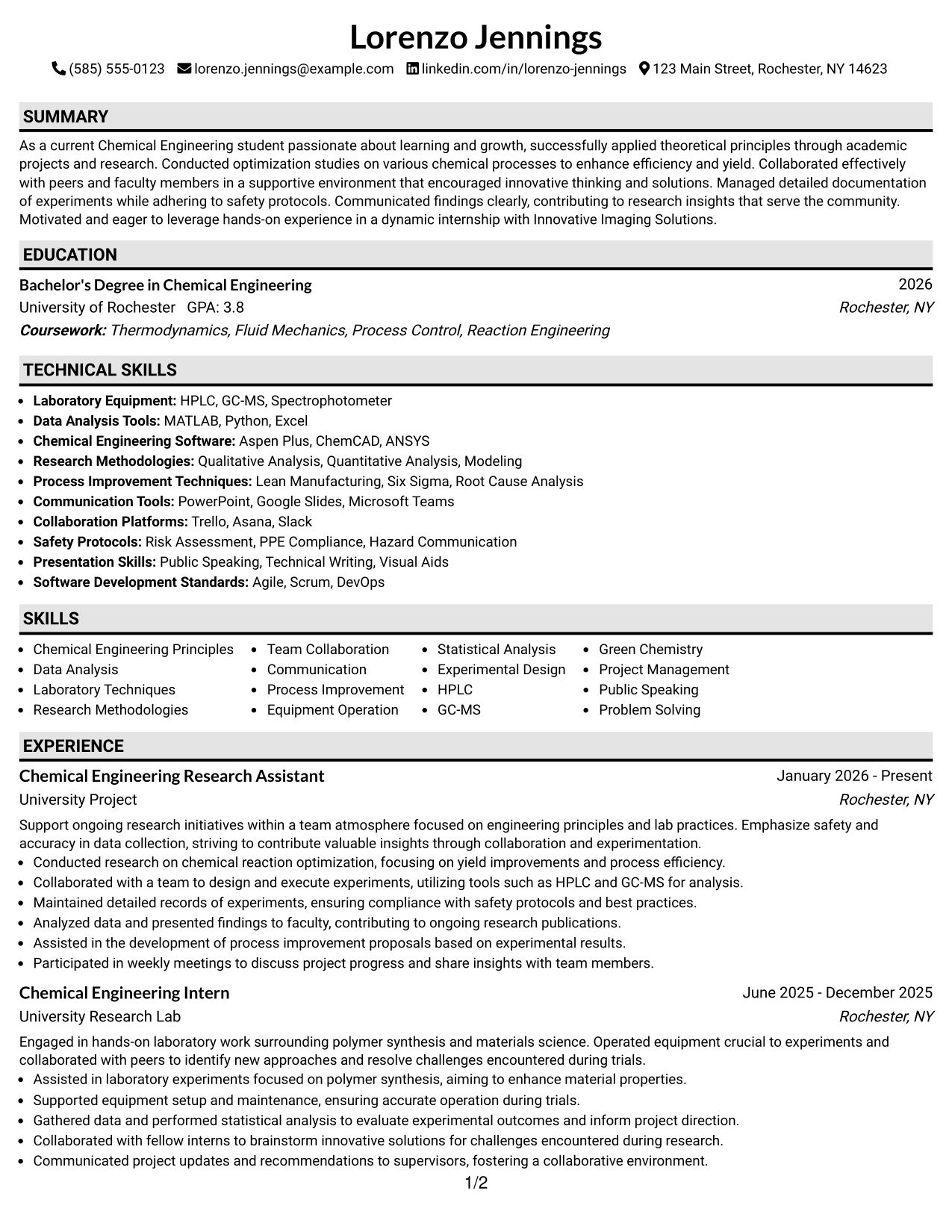 Resume Example Page 1