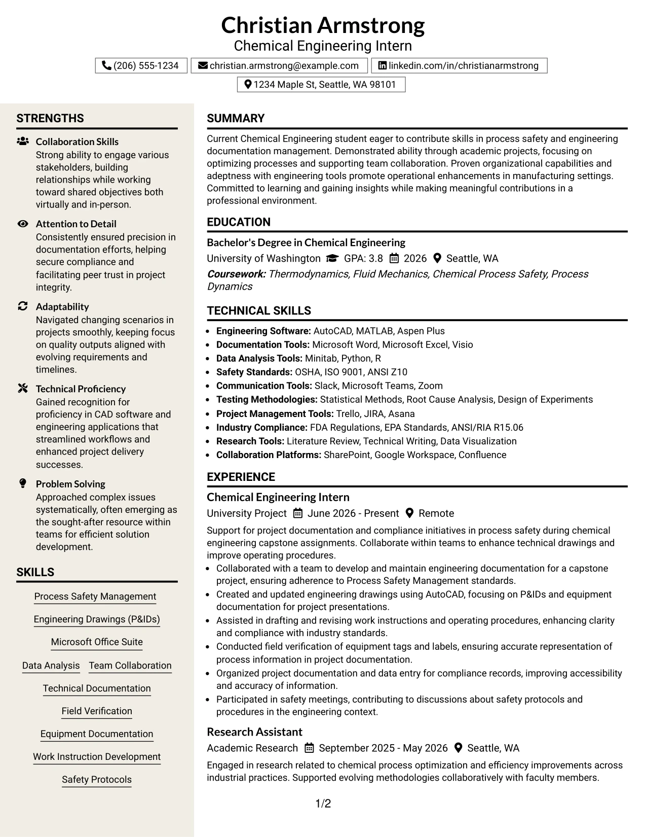 Resume Example Page 1