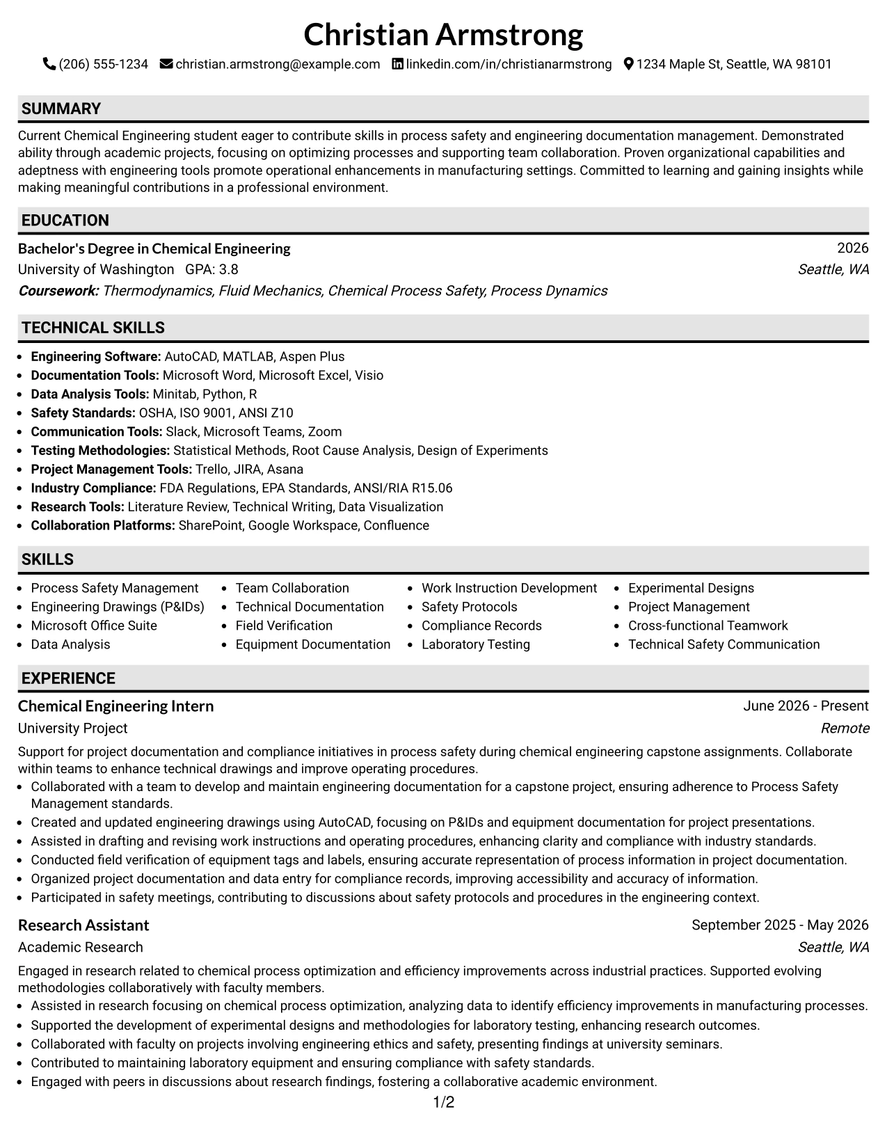 Resume Example Page 1