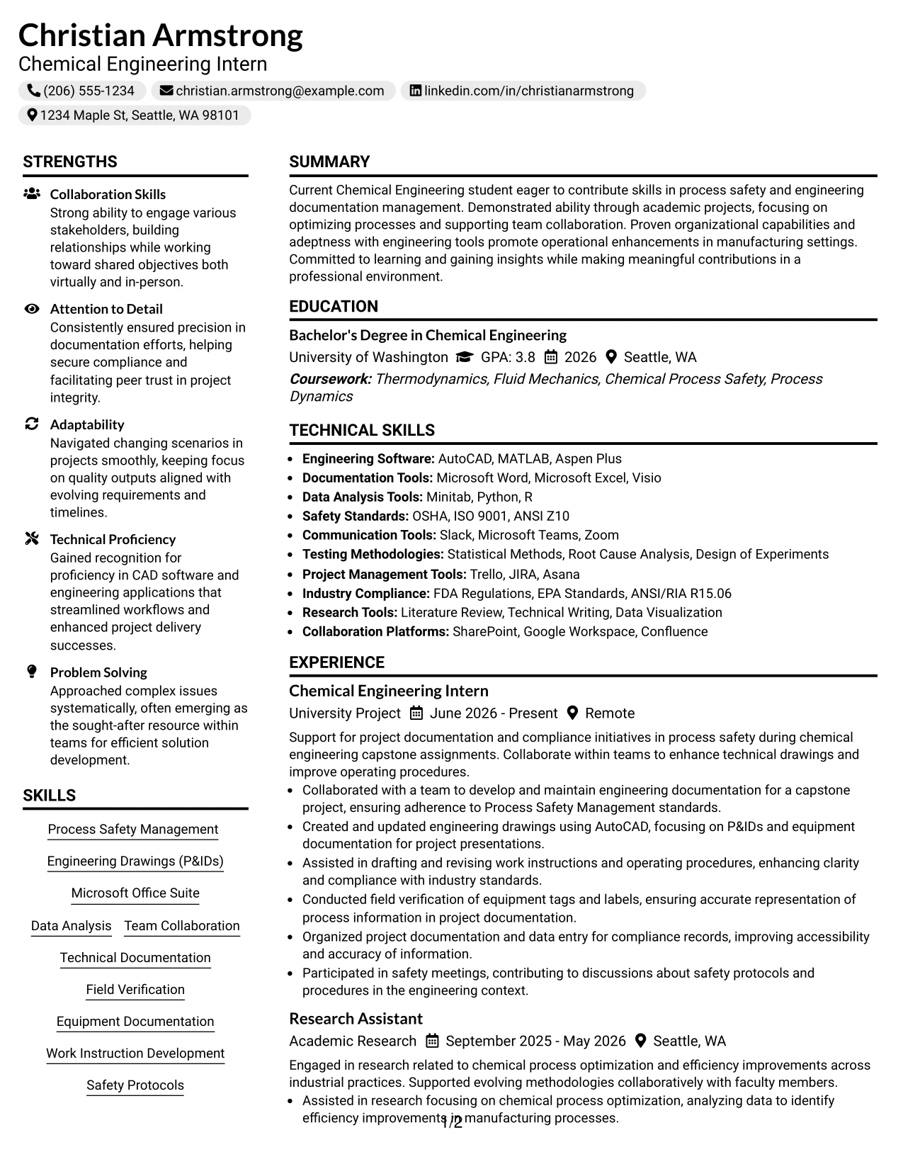 Resume Example Page 1