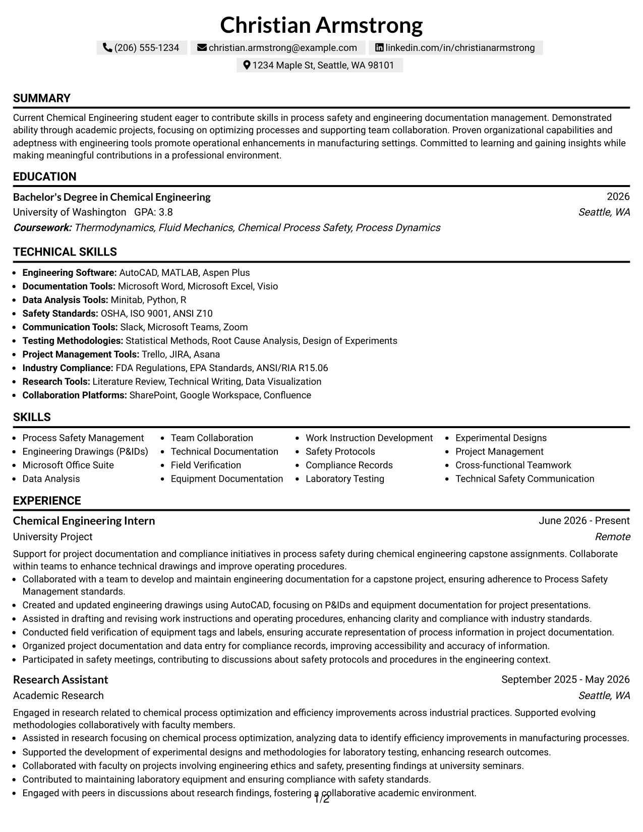 Resume Example Page 1