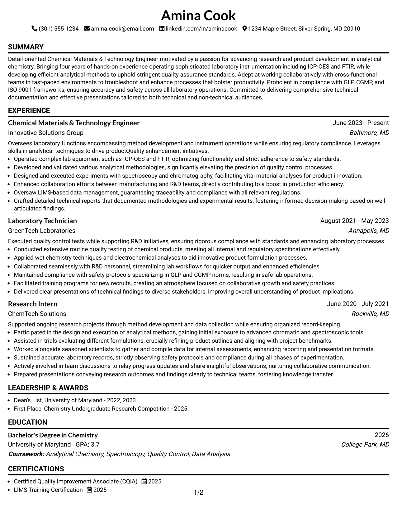 Resume Example Page 1