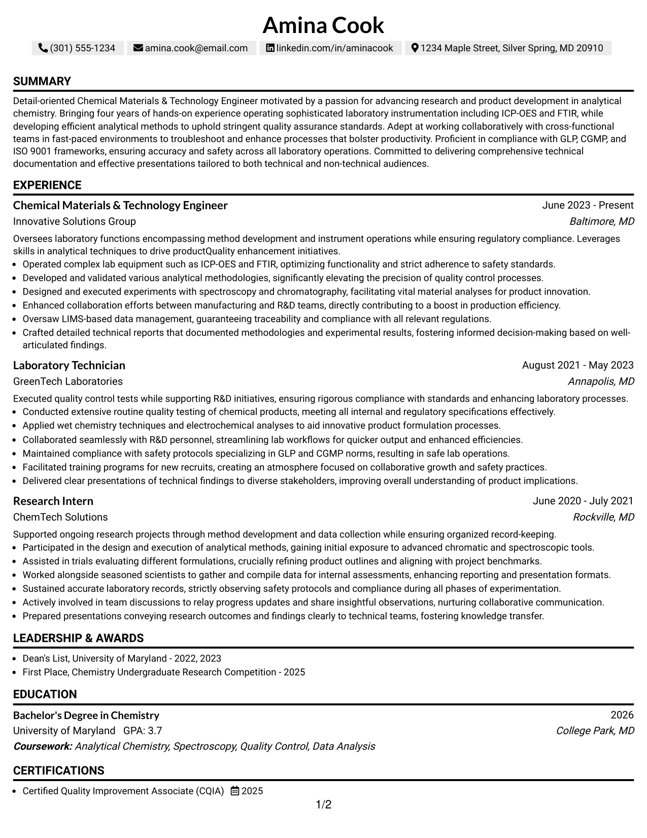 Resume Example Page 1