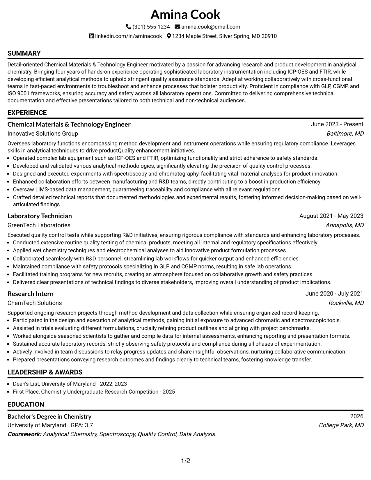 Resume Example Page 1