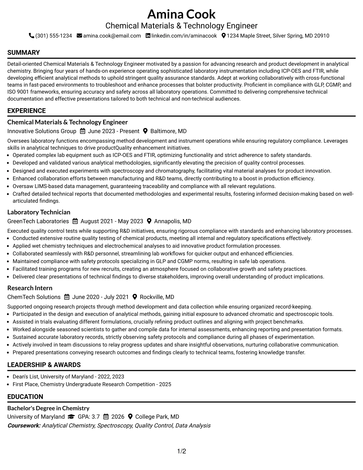 Resume Example Page 1