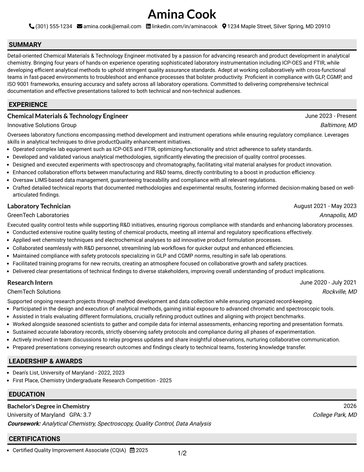 Resume Example Page 1