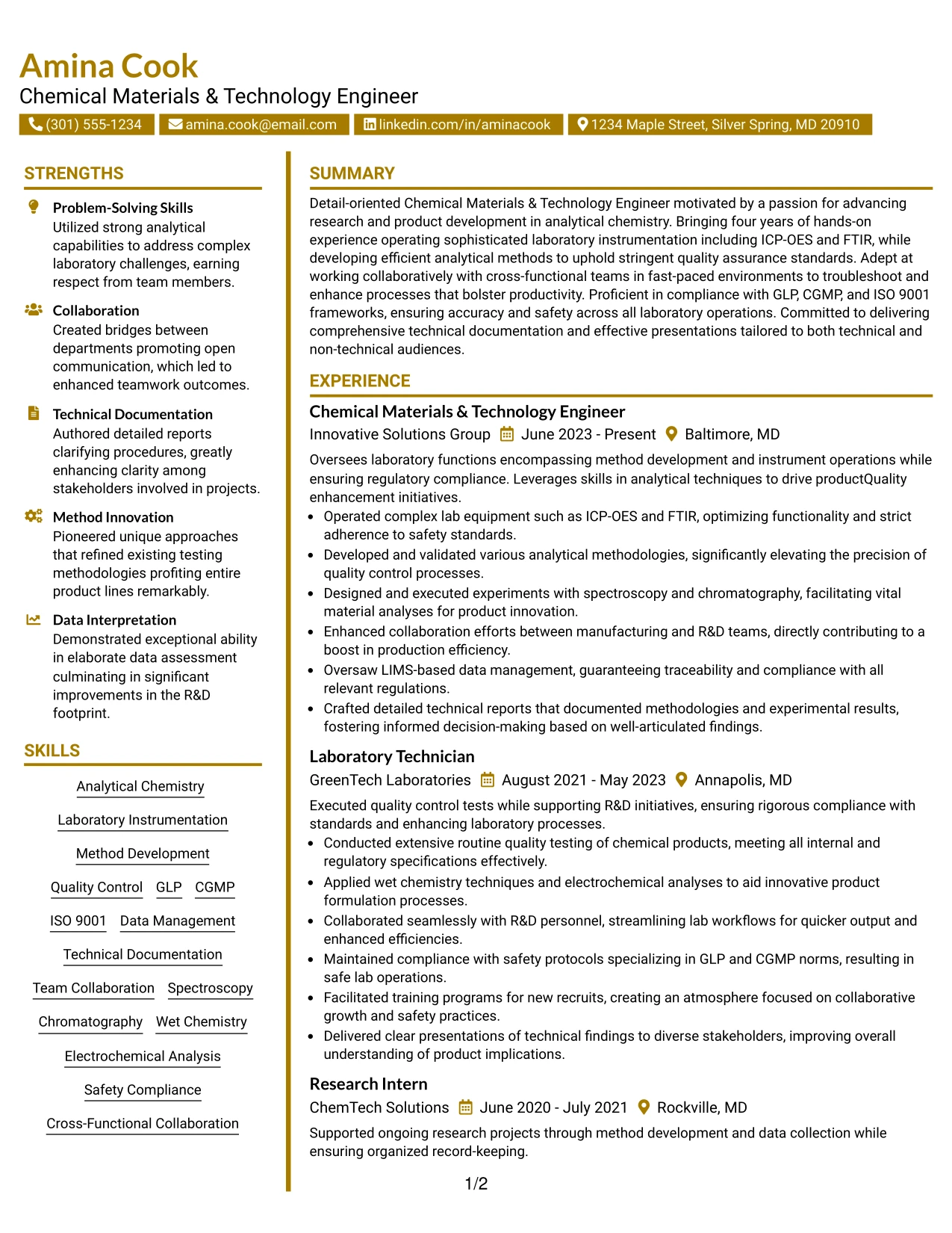 Resume Example Page 1