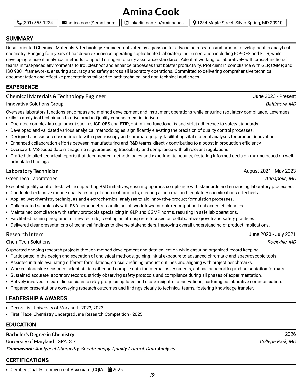 Resume Example Page 1