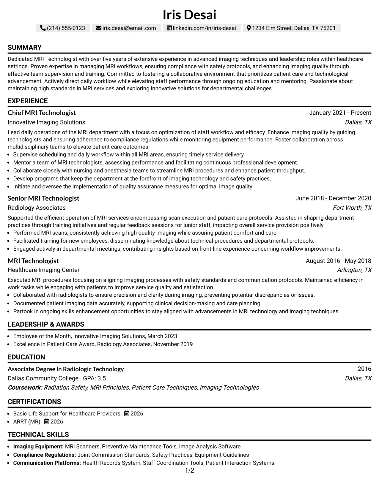 Resume Example Page 1