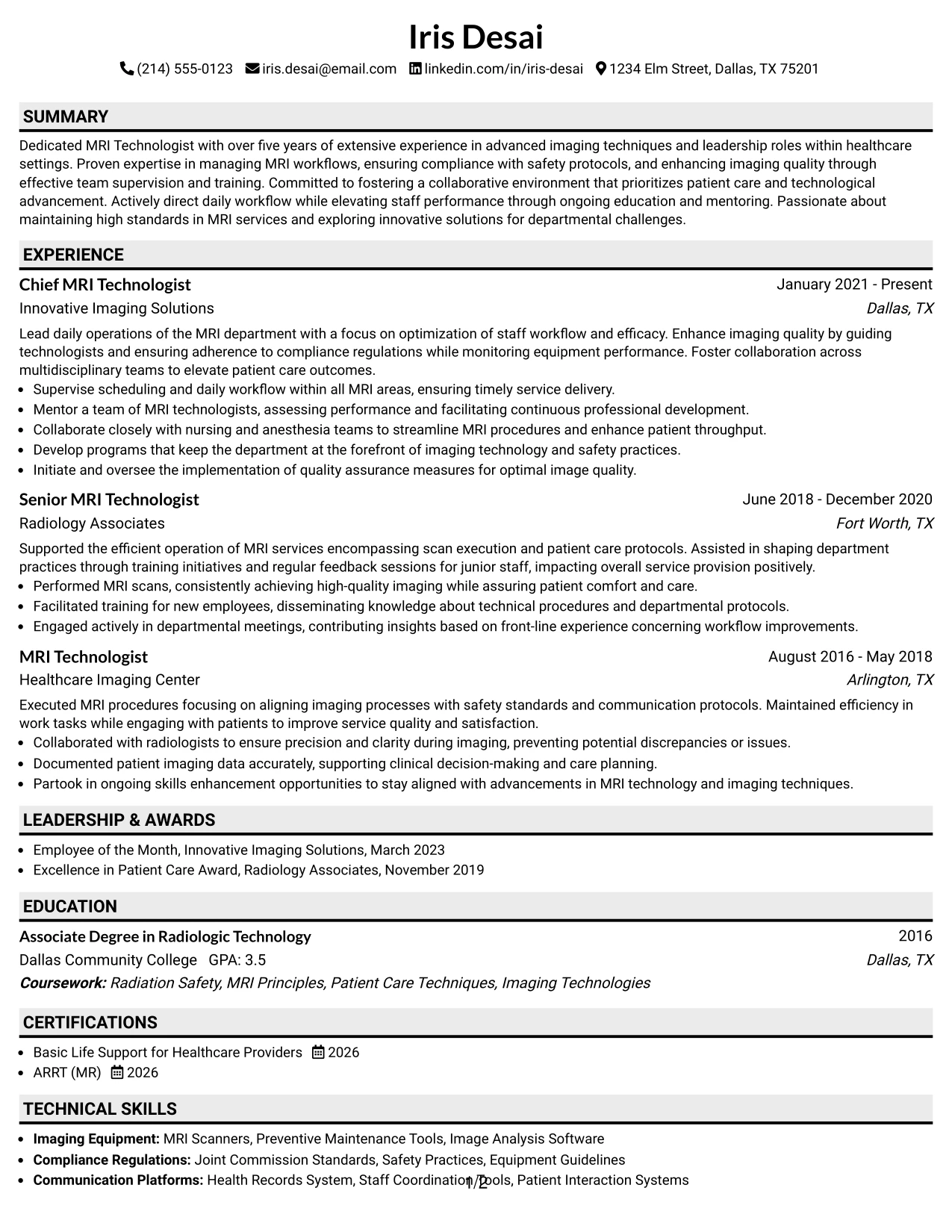 Resume Example Page 1