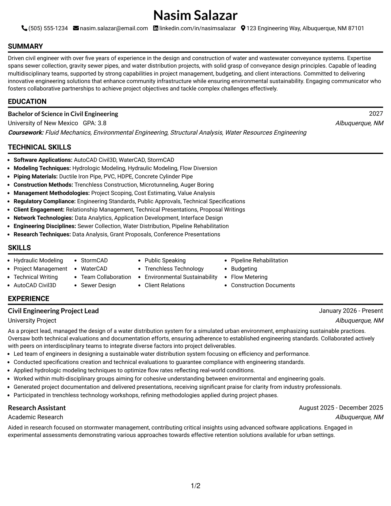 Resume Example Page 1