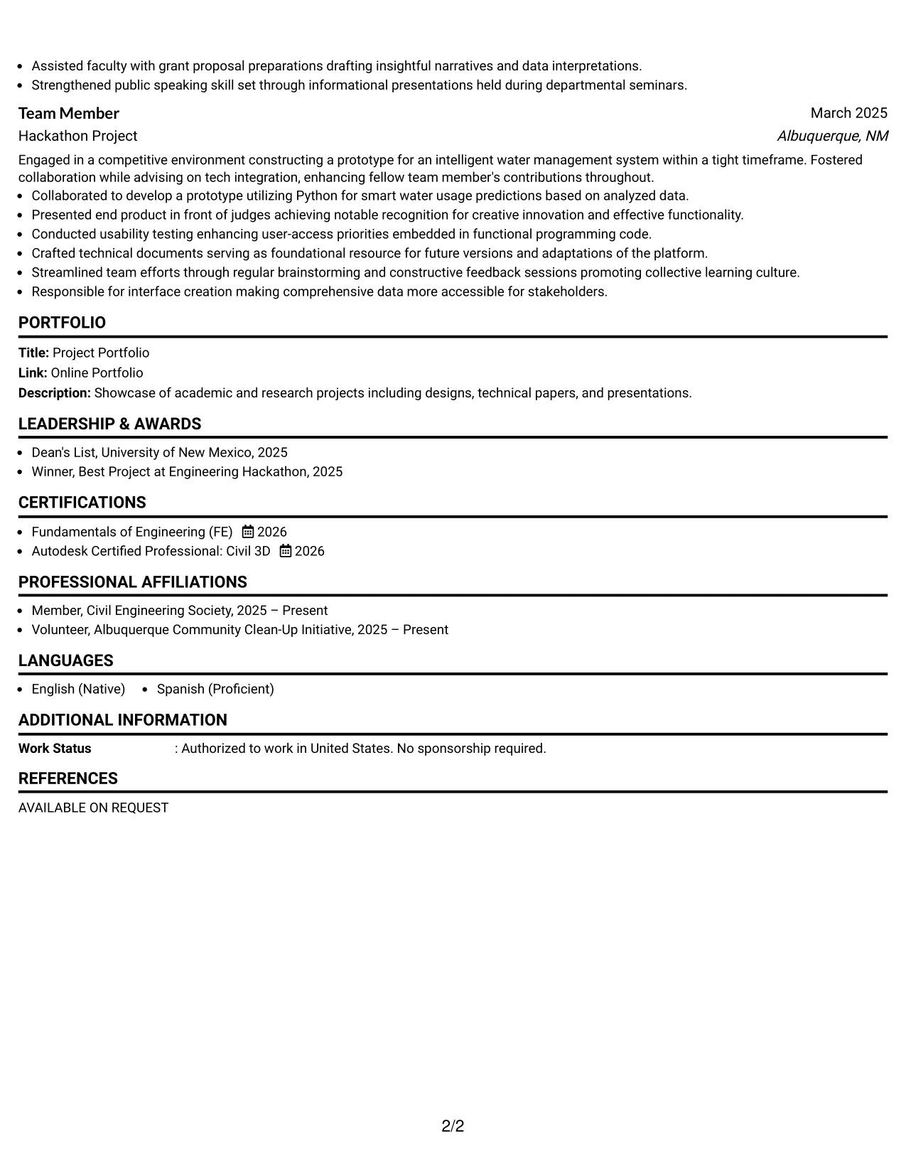 Resume Example Page 2