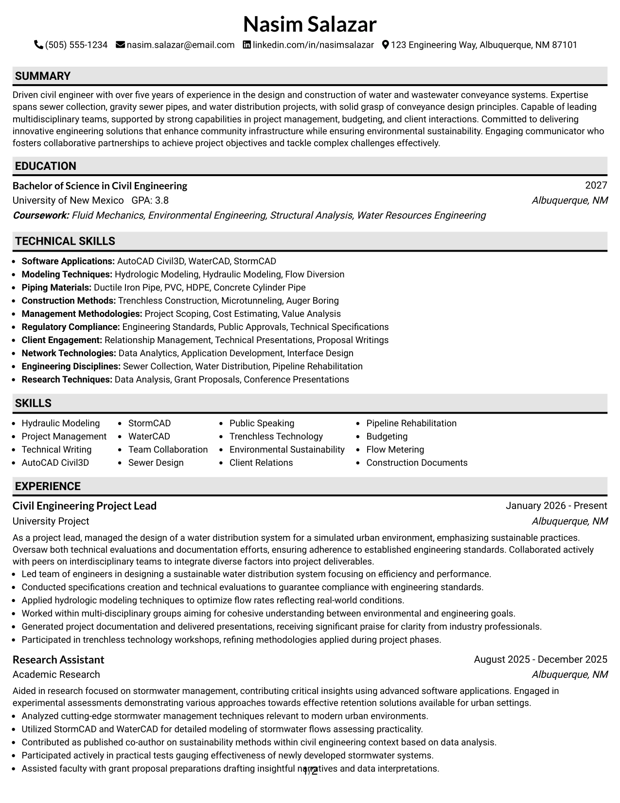 Resume Example Page 1